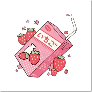 STRAWBERRY MILK KAWAII FACE ANIME KAOMOJI EMOTICON CARTOON Posters and Art